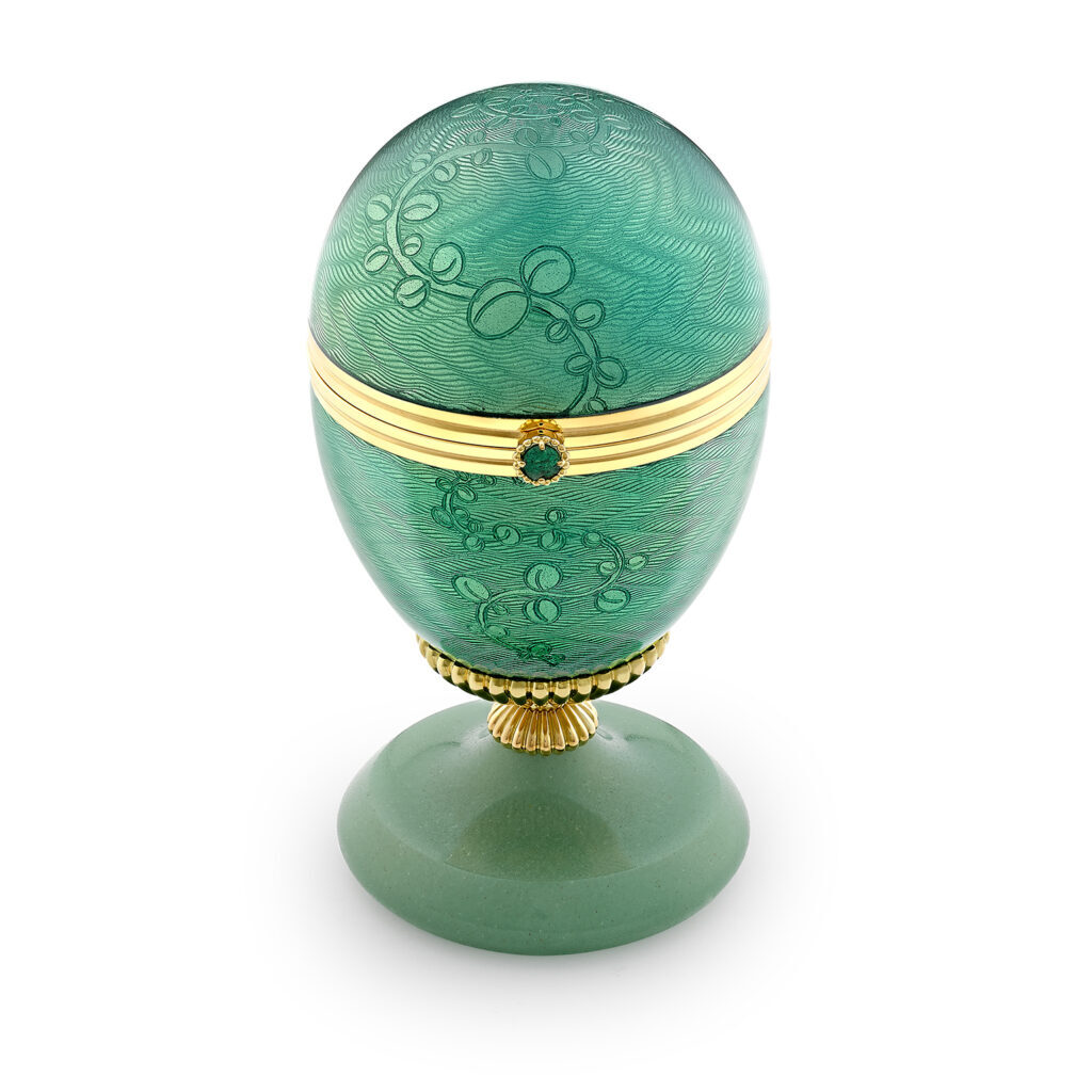Faberge in Bloom Yellow Gold Mint Green Guilloche Enamel Objet Egg with Twin Flower Surprise Aventurine Stand 2127DA34232 ClosedGtrac 1024x1024 1