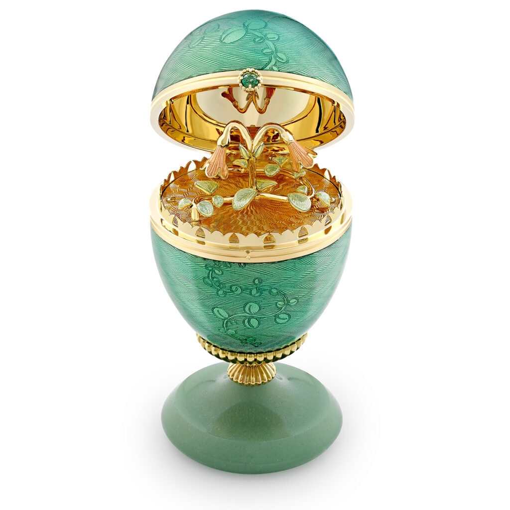 Faberge in Bloom Yellow Gold Mint Green Guilloche Enamel Objet Egg with Twin Flower Surprise Aventurine Stand 2127DA34232 OpenGtrac 1024x1024 1