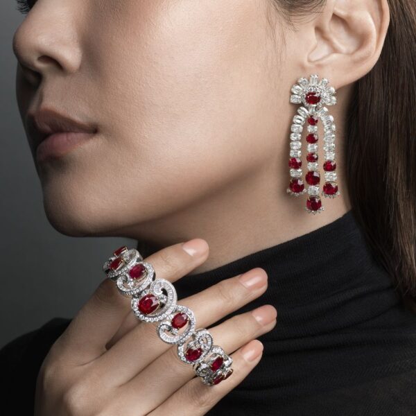 Bonhams Lot 655 656 ruby and diamond pendant chandelier earrings ruby and diamond bracelet USED 050323 600x600 1
