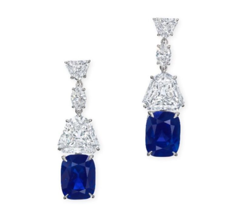 Christies earrings bearing cushion cut royal blue Kashmir sapphires USED 052823 768x717 1