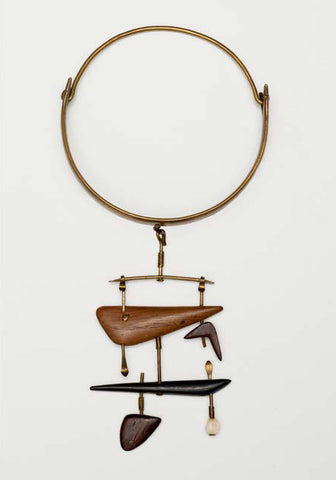 Vivianna Torun Bulow Hube brass necklace with various wood and ivory pendants large